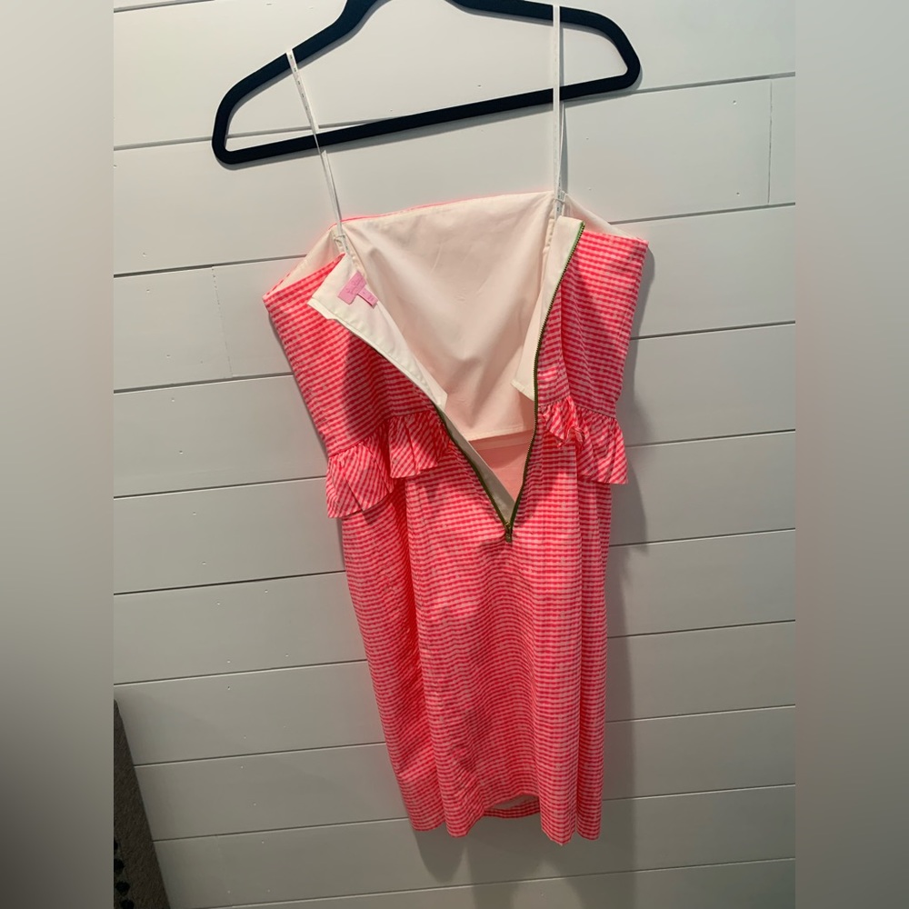Lilly Pulitzer, size 8 hot pink gingham pencil dress, with cute ruffle detail. - Picture 7 of 12